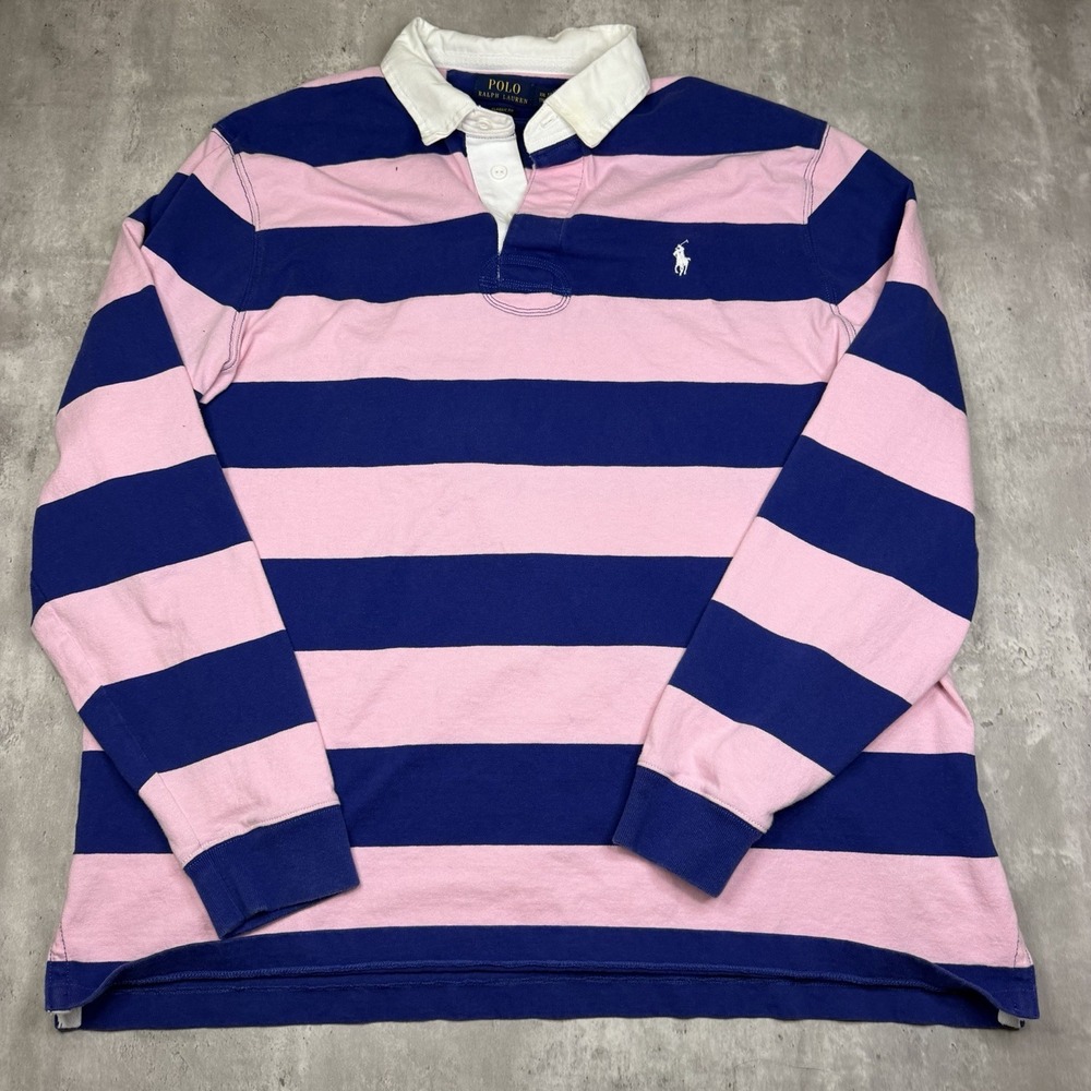 Polo Ralph Lauren Striped Rugby Long Sleeve Shirt XXL Blue Pink Pony Logo